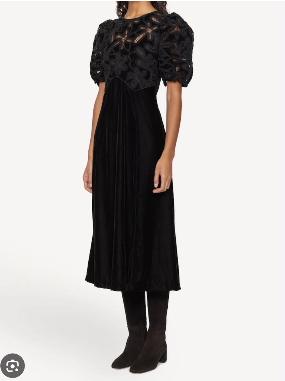 Black Velvet & Lace Short-Sleeve Midi Dress